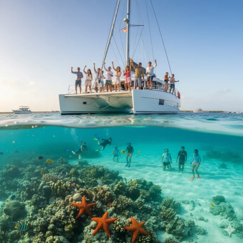 Cielo Cozumel en catamarán con doble snorkel y fiesta a bordo
